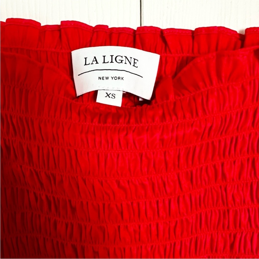 La Ligne Coral-Red Smocked Midi Dress with Tie Straps - Picture 4 of 5